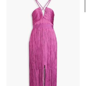HERVE LEGER PLUNGING STRAPPY FRINGE MIDI DRESS